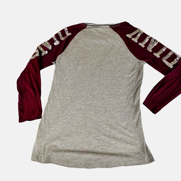 Pink Victoria's Secret Raglan T-shirt Women's Sz XS Color Maroon Silver Sequin - Picture 6 of 11